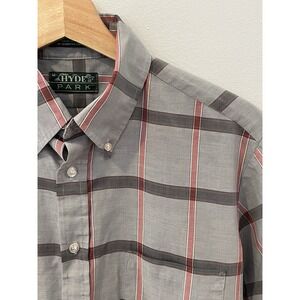 Vintage 90s Hyde Park Button Up Shirt Mens Medium Gray Plaid Short Sleeve USA